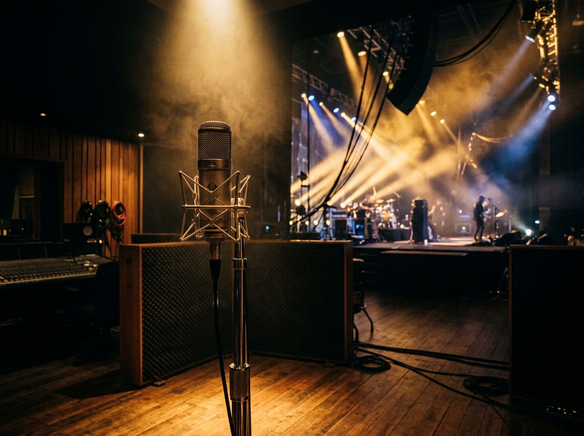 Studio condenser microphone overlooking a live concert stage